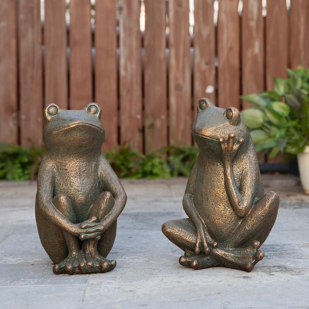 Glitzhome 12''H Resin Bronze Squatting Sitting Frog Statue
