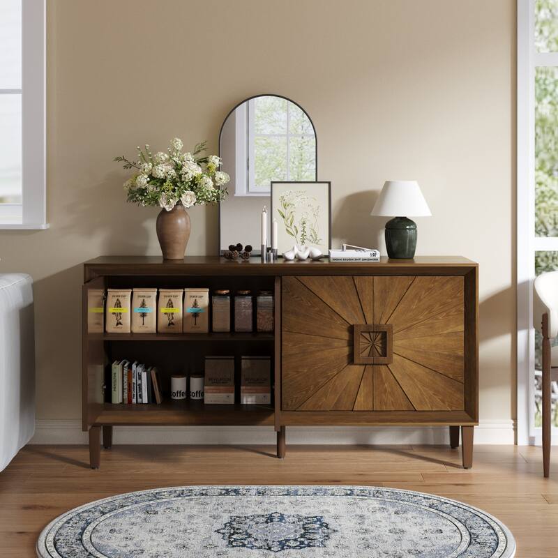 GDFStudio - Sunridge Farmhouse Rustic Wooden Credenza Storage Cabinet with Sunburst Doors