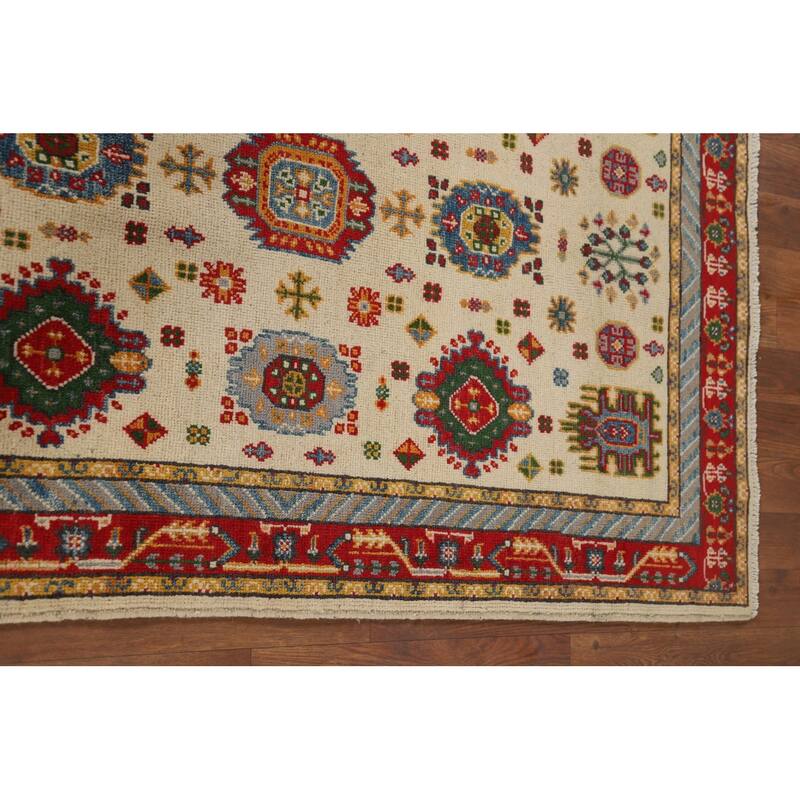 Traditional Kazak Foyer Rug Handmade Beige Geometric Wool Carpet - 3'4" x 4'11"