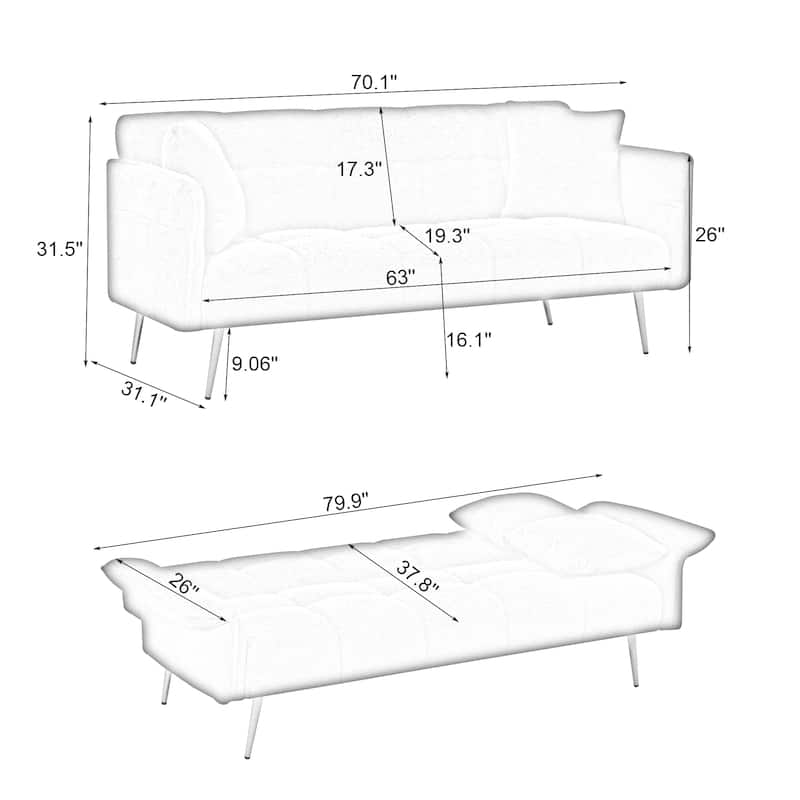Convertible Double Sofa Bed with Folding Armrests - 31.10 x 70.00 x 31.49