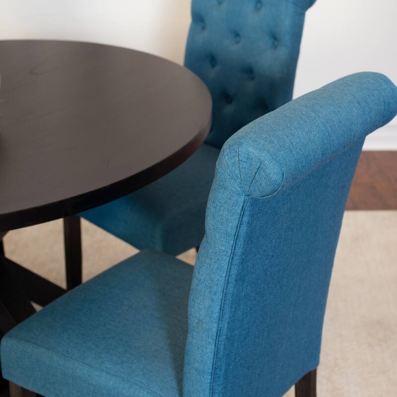 Dining Set with Cross-Buck Pedestal Table & 4 Blue Upholstered Chairs