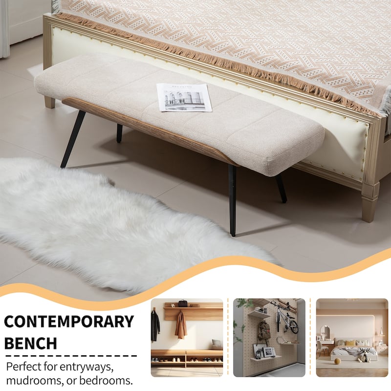 Bevin Beige Washed Woven Fabric Bench with White Washed Wood Accents and Black Iron Legs