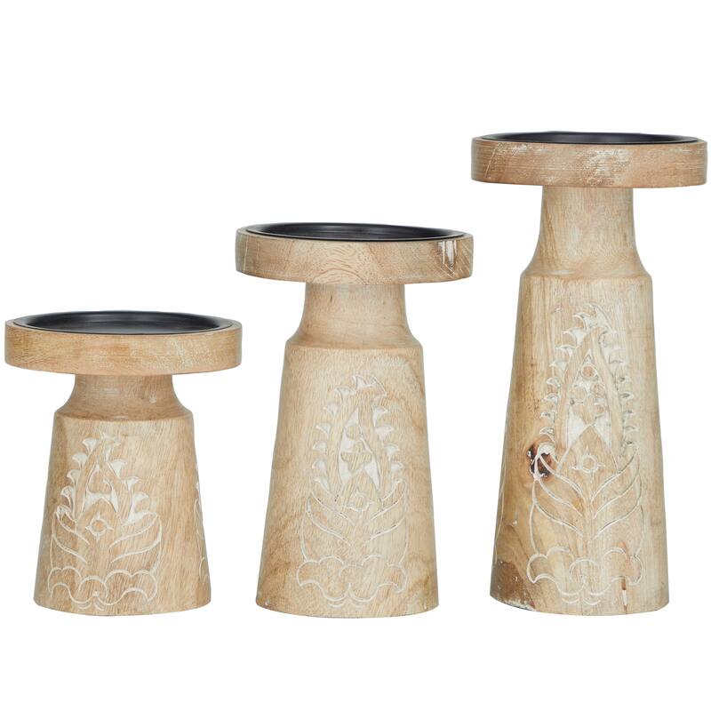 Brown or Dark Brown Mango Wood Tribal Pillar Candle Holder (Set of 3)