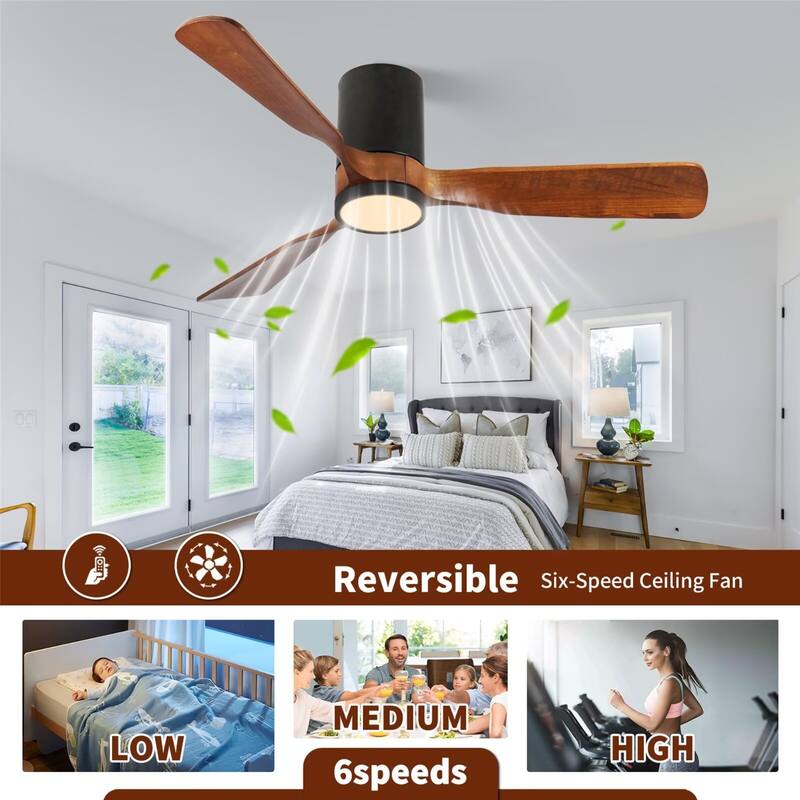 52" LED Flush Mount Ceiling Fan with Wood Blades, 6-Speed DC Remote Control