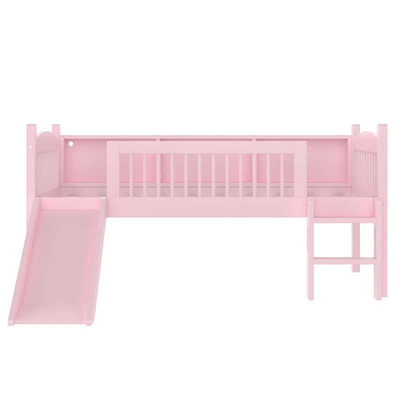 Twin Loft Bed with Storage Shelves, Solid Wood Lower Loft Bed with LED Lights and Full-length Guardrails