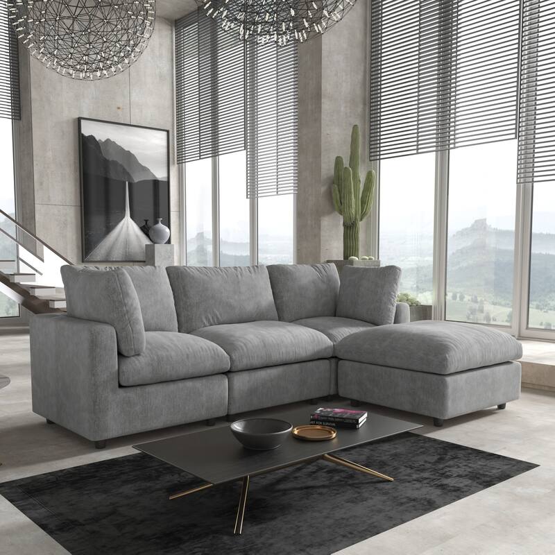 Modern L-shaped Sectional Sofa for Living Room,Chenille Modular Couch, Removable Cover, Spring Cushions, Solid Wood Frame