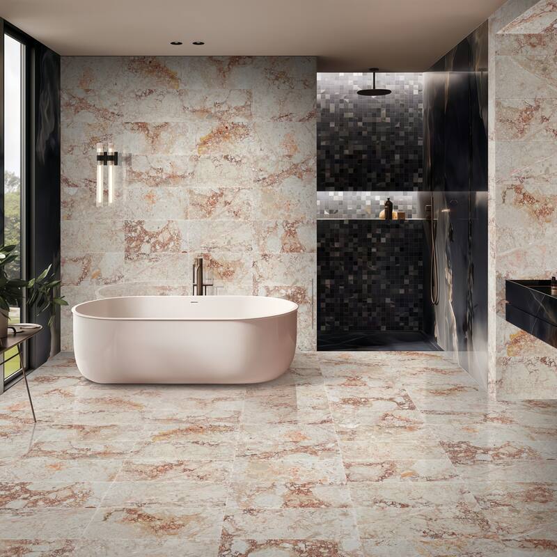 Roomfitters Natural Marble Tile for Wall and Floor, Polished Genuine Stone, 12x24 Marble Tile, 4-Piece Boxe, Pink