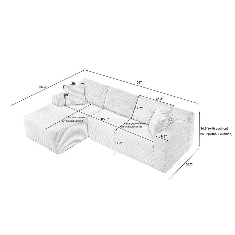 No Assembly Cloud Sectional Sofa, L Shaped Deep Seat Corduroy Modular Couch for Living Room Apartment