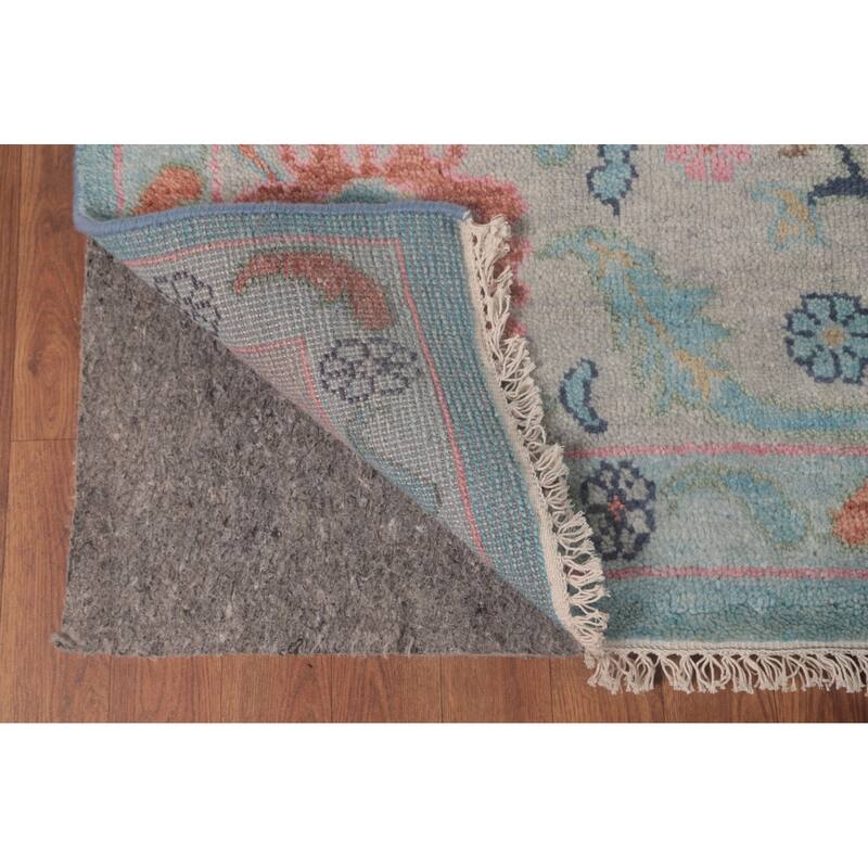 Light Blue Floral Oushak Oriental Area Rug Hand-Knotted Wool Carpet - 8'11" x 11'8"