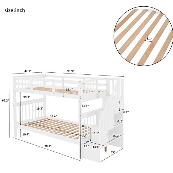 dimension image slide 1 of 6, Stairway Wooden Bunk Bed with Storage Staircase and Guard Rail, for Bedroom, Dorm, Convertible into 2 Beds