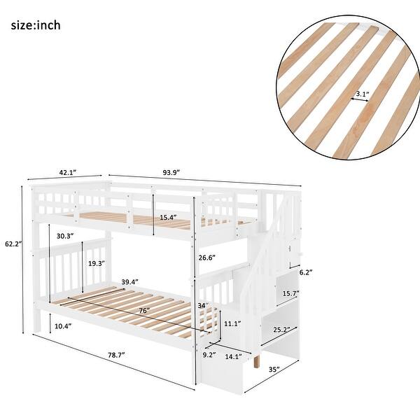 Twin-Over-Twin Stairway Bunk Bed, Can Be Divided into Two Individual Bedframe, Solid Wood Bedfram w/Storage Stairs & Guard Rail