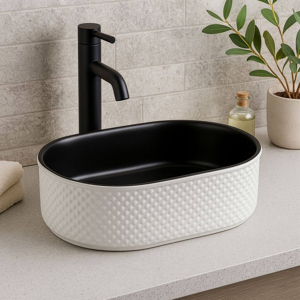 20" x 14" Textured Oval Vessel Sink - White Diamond Pattern Exterior with Black Interior - 20" x 14"