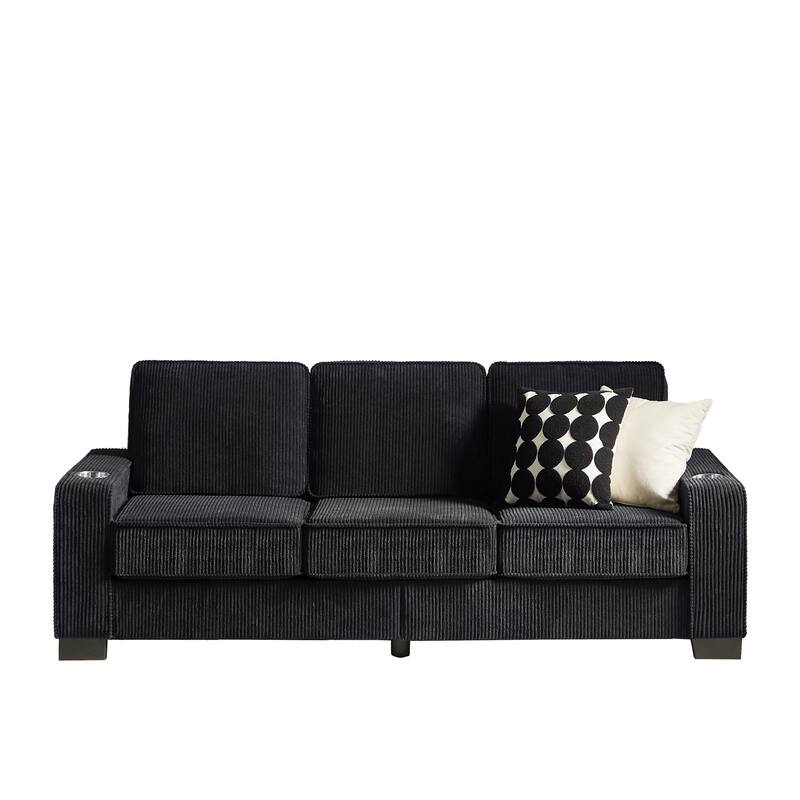 84.25" Corduroy 3-Seater Sofa, Cup Holder Armrests and Spring Cushions