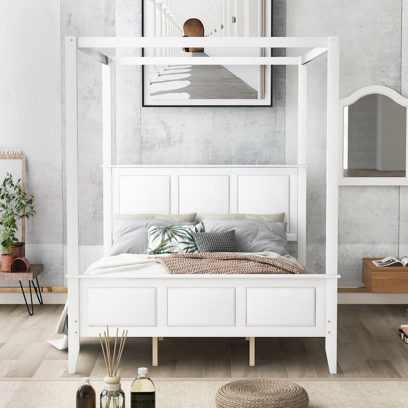 Queen Size Canopy Platform Bed with Headboard & Footboard, Modern Wood