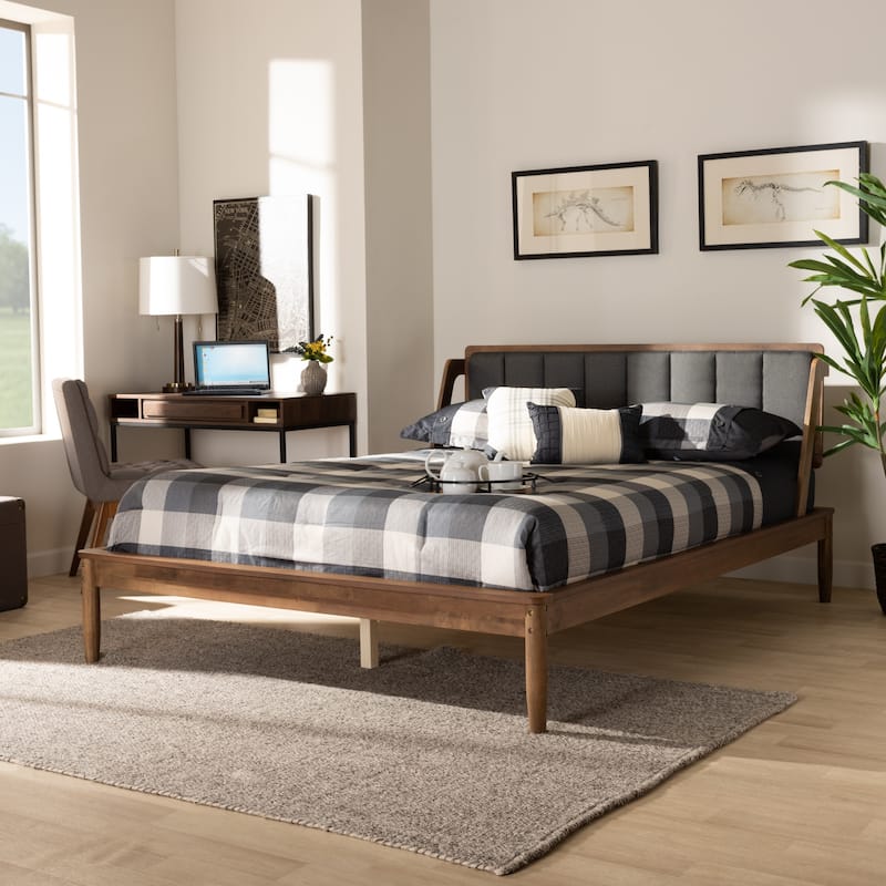 Helsa Mid-Century Modern Fabric and Walnut Finished Platform Bed