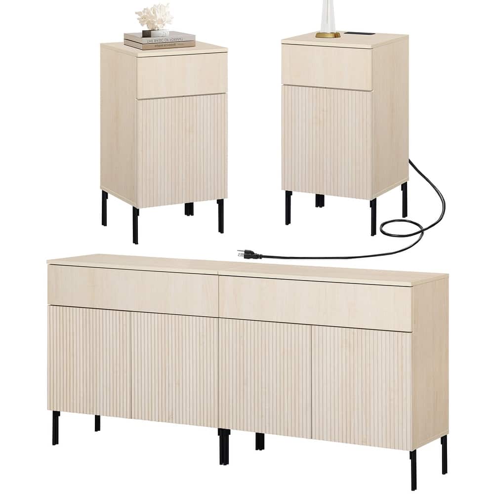 4 Pcs Bedroom Set，Reeded Dresser and Nightstand Sets for Bedroom, Night Stand of 2 with Charging Station