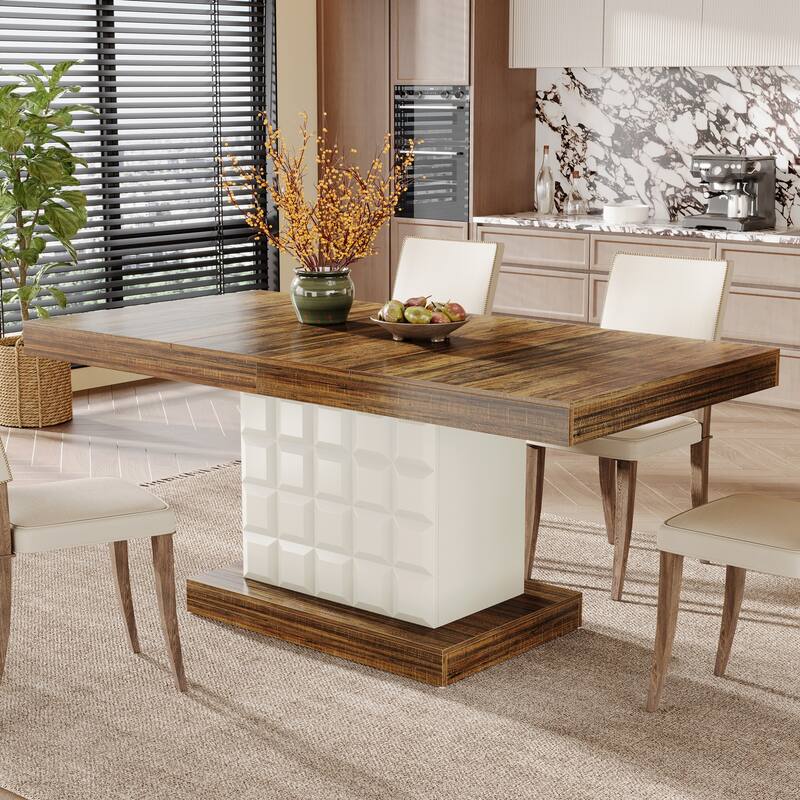 63'' Wooden Dining Dinner Table with Pedestal for 4-6, Farmhouse Kitchen Table - Brown+White