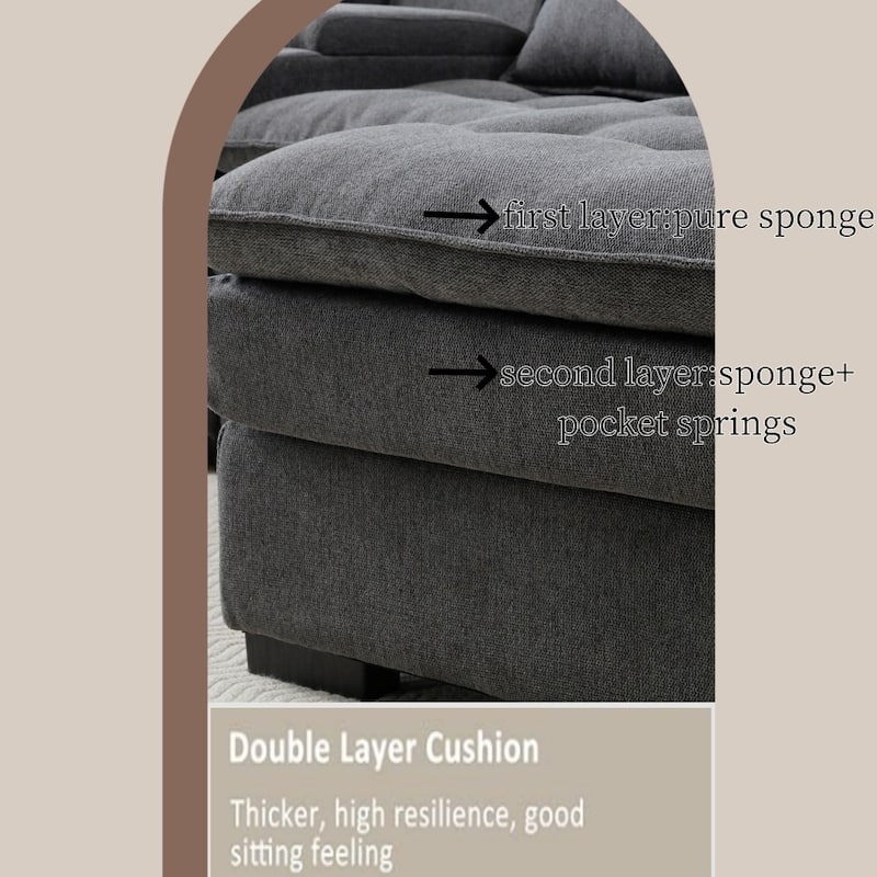 130" Modern Upholstered Sectional Sofa with Console and Chaise, Pillows