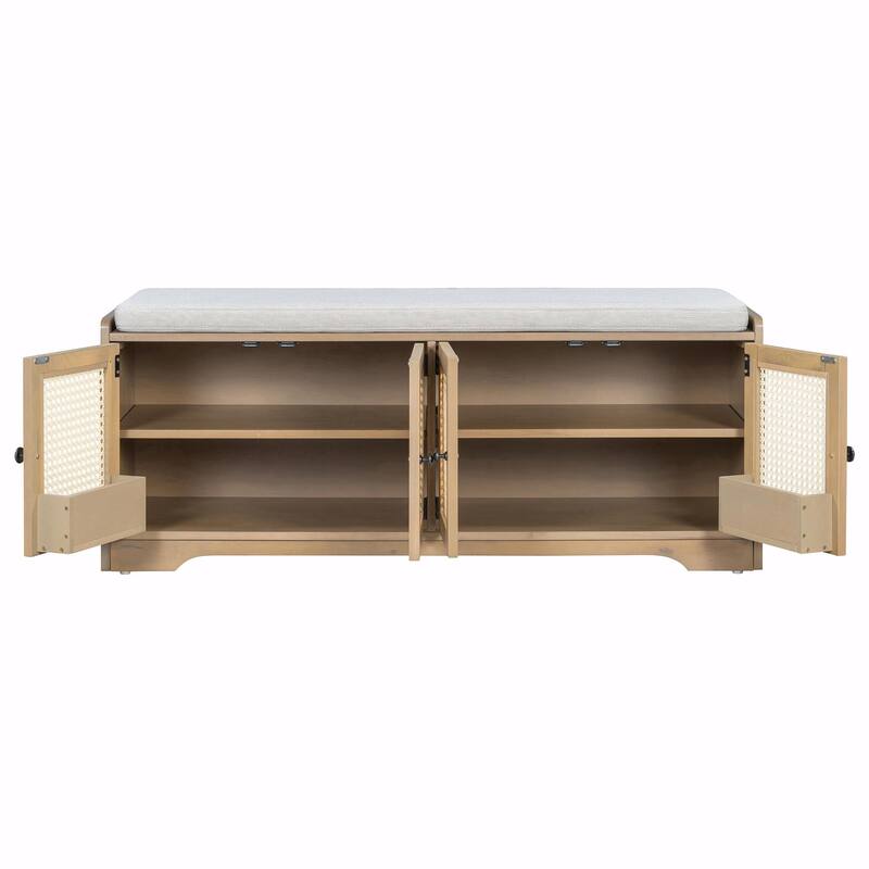 Rustic Storage Bench with Removable Cushion, Woven Rattan Doors & Adjustable Shelves