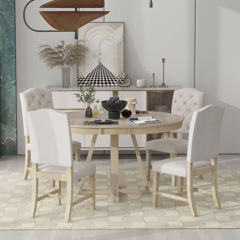 5-Piece Retro Functional Dining Set, Round Table with a 16"W Leaf and 4 Upholstered Chairs for Dining Room and Living Room