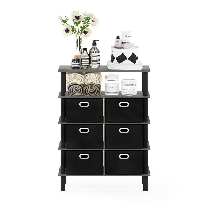 Furinno Frans Turn-N-Tube Console Table with Bin Drawers, Black Oak/Black/Brown