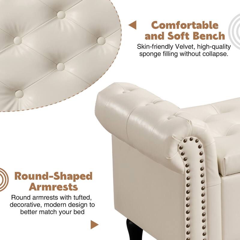 67" Velvet or PU Tufted Storage Bench for Bedroom End of Bed with Roll Arms