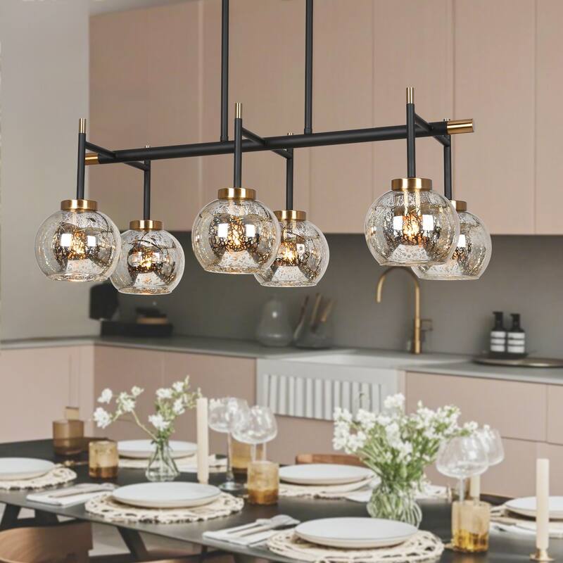 Modern Farmhouse 6-Light Black Gold Linear Chandelier Island Lights with Mercury Glass - 27.5" L x 14.5" W x 10" H