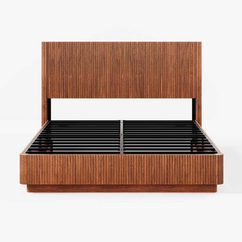 Low Profile Bed Frame with High Headboard, LED Light Strip Under Bed, Wooden Corrugated Curved Platform Bed, Metal Frame Support