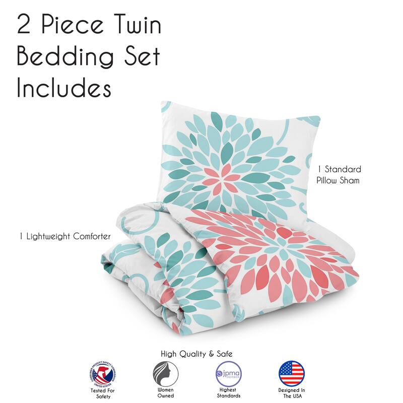 Sweet Jojo Designs Emma Girl Twin 2-piece Comforter Set - Coral and Turquoise Blue Floral Flower Blossom Shabby Chic Elegant