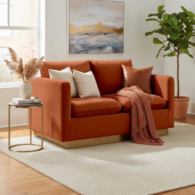 Nervo 2-Seater Modern Accent Velvet Sofa Loveseat Chair in Gold Base with Removable Cushions Couch for Living Room & Bedroom