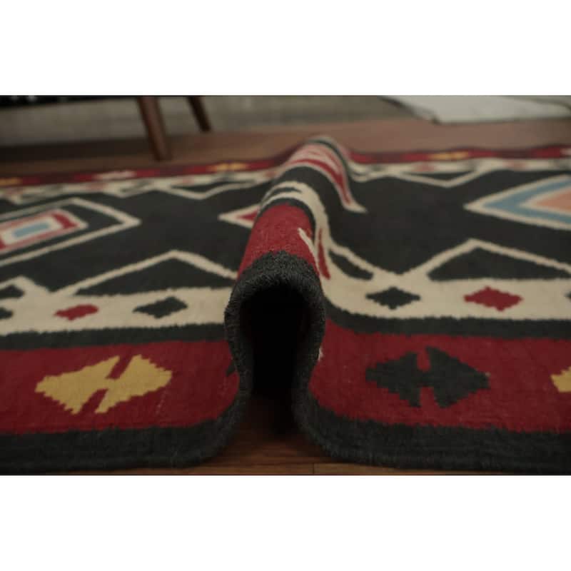 Hand Woven Oriental 100% Wool Carpet Southwestern Tribal Black Kilim Runner Rug - 14' 9'' X 3' 0''
