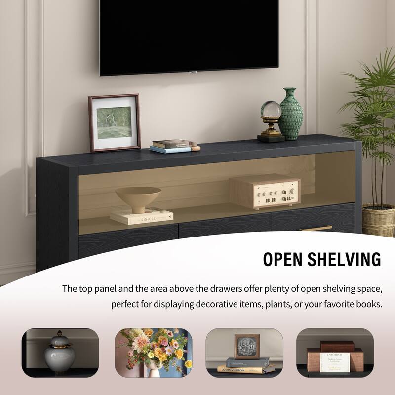 74" Wood TV Stand Wide Top Media Console Table w/ 3 Drawers, Metal Handles, Classic Entertainment Center for Living Room