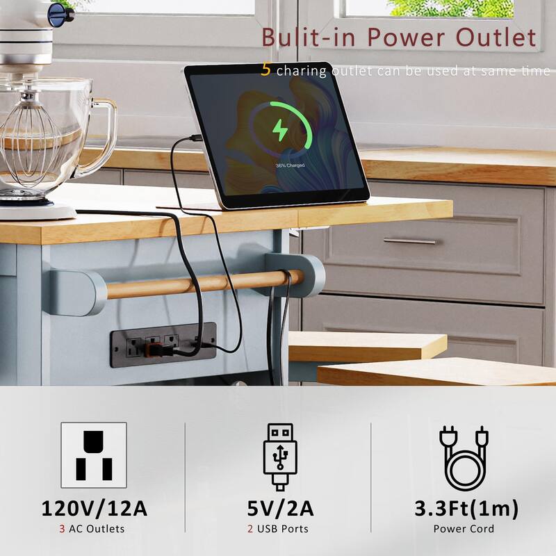 53" Large Kitchen Island with Drop Leaf, Power Outlet, Rolling Cart with Internal Door Racks, Wheels