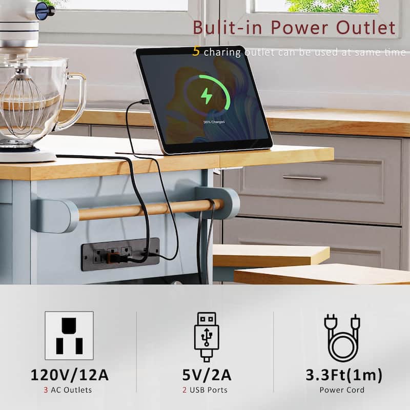 Kitchen Island with 2 Bar Stools, Kitchen Cart with Drop Leaf, Kitchen Cabinet with Built-in Charging Station