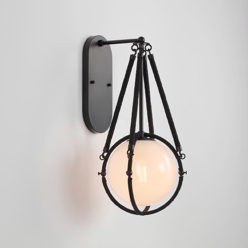 VidaLite Voyager 1-Light Matte Black Wall Sconce, Wall Lamp Fixture With Rope Detailing & Smoked Glass Shade - 21.5" x 11.5"