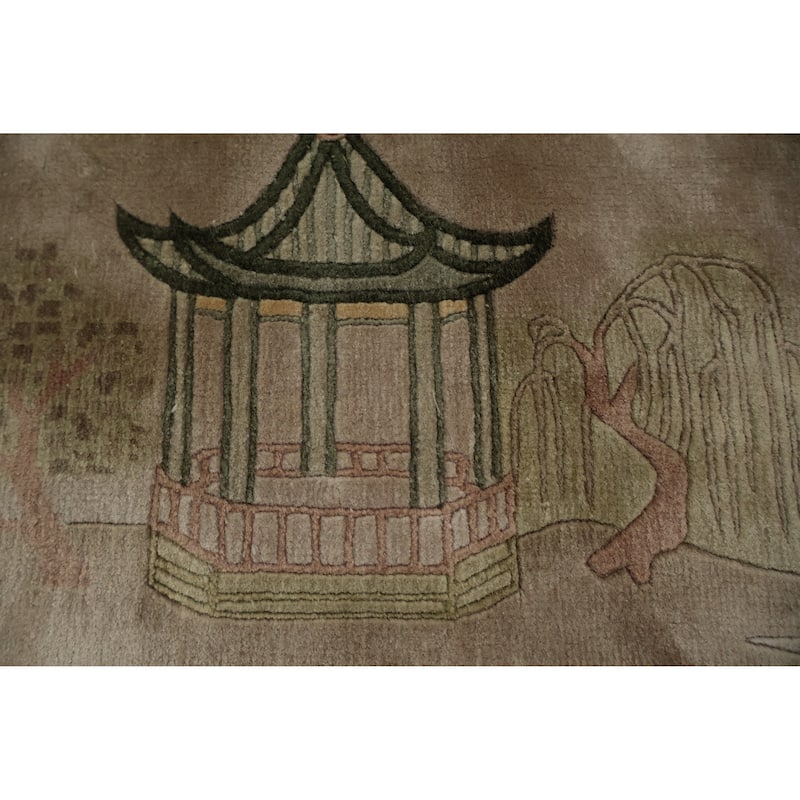 Hand Knotted Oriental Silk Carpet Traditional Pictorial Brown Art Deco Area Rug - 9' 2'' X 6' 0''