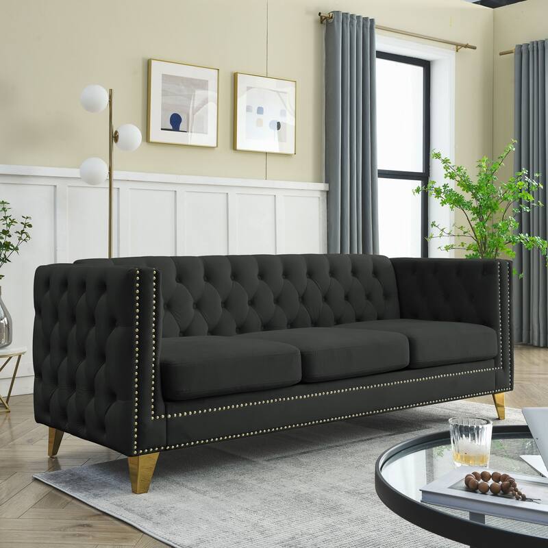 Classic Chesterfield Velvet Sofa, Tufted with Nailhead Trim, 3-Seater Couch with Metal Legs for Bedroom or Living Room