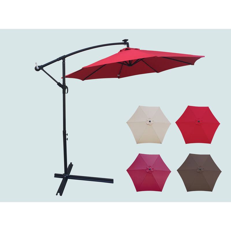 Outdoor Patio Umbrella Solar Powered LED Lighted Sun Shade Market Waterproof 8 Ribs Umbrella with Crank and Cross Base