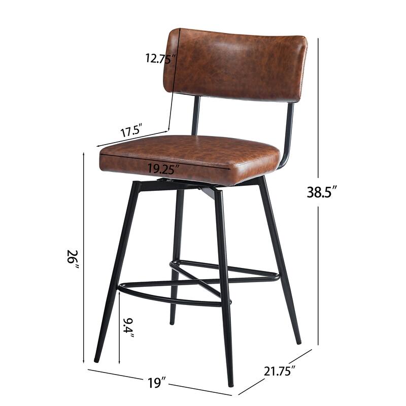 Roomfitters 26'' Retro Swivel Counter Stools, Set of 2 PU Leather Bar Chairs with Cushioned Seat and Iron Frame