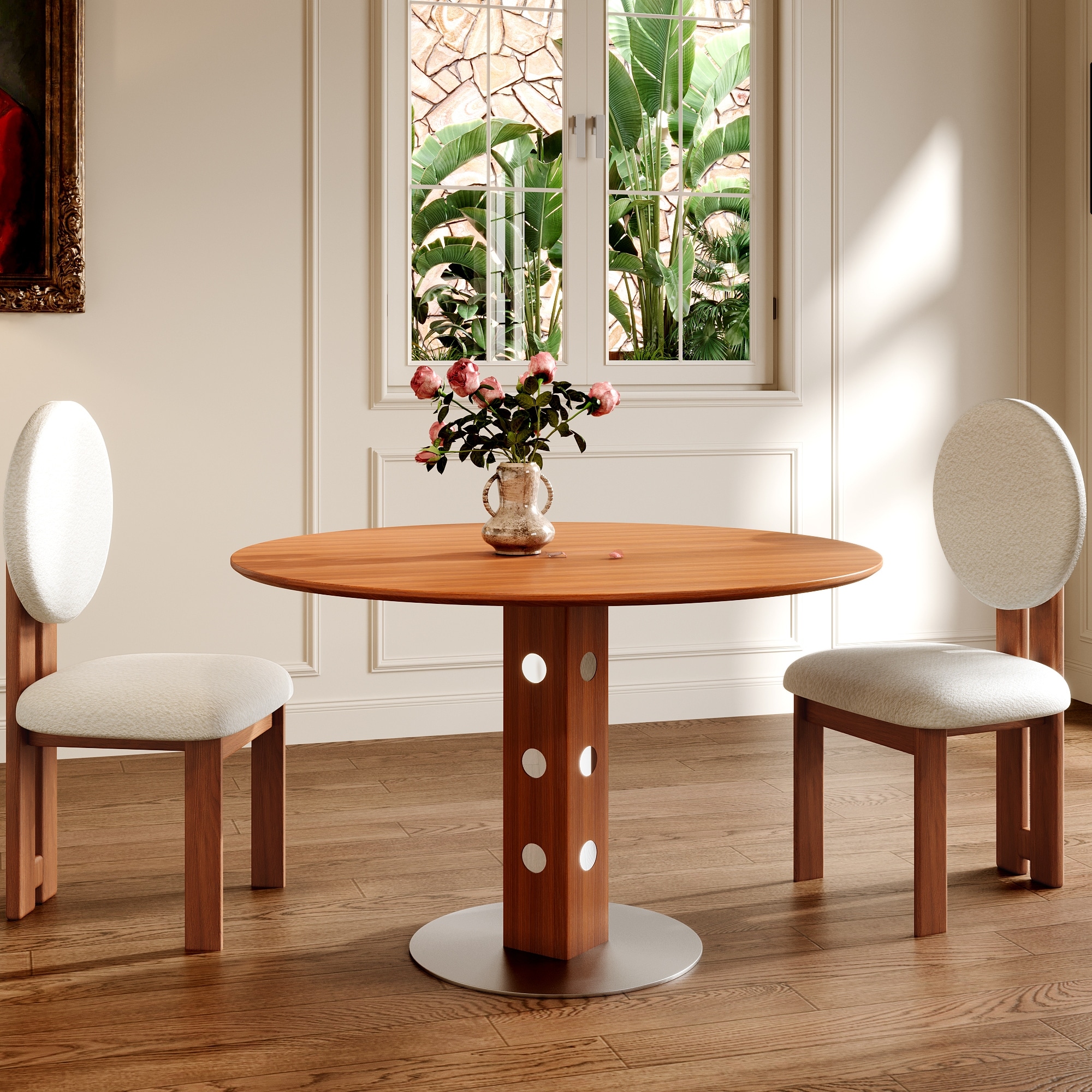 Farmhouse Round Small Dining Walnut Color Kitchen Table 43" With Solid Wood Tabletop For 2-4 Person