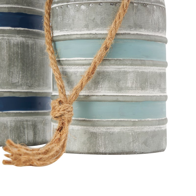 Gray or White Metal Striped Buoy Sculpture with Rope Handles (Set of 3)