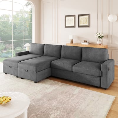 103.9" U-shaped Dark Gray Convertible Sofa with Storage Chaise & USB Ports, Polyester