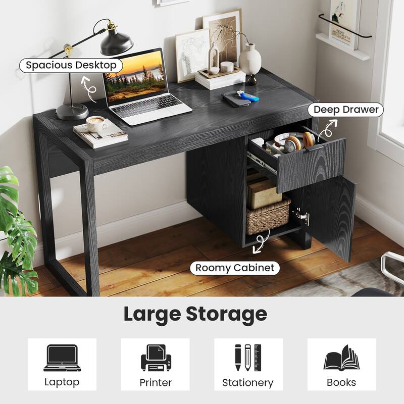 Gymax Computer Desk w/ Storage Cabinet Pull-out Drawer Stable Thick
