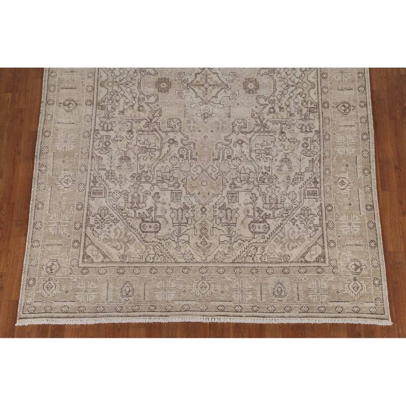 Distressed Geometric Tabriz Persian Antique Rug Handmade Wool Carpet - 6'4"x 9'5"