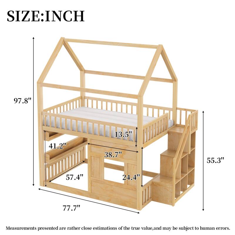 Roomfitters Full Size Wood House Loft Bed with Storage Stairs and Built-in Shelving, Modern Space-Saving Sleep Space