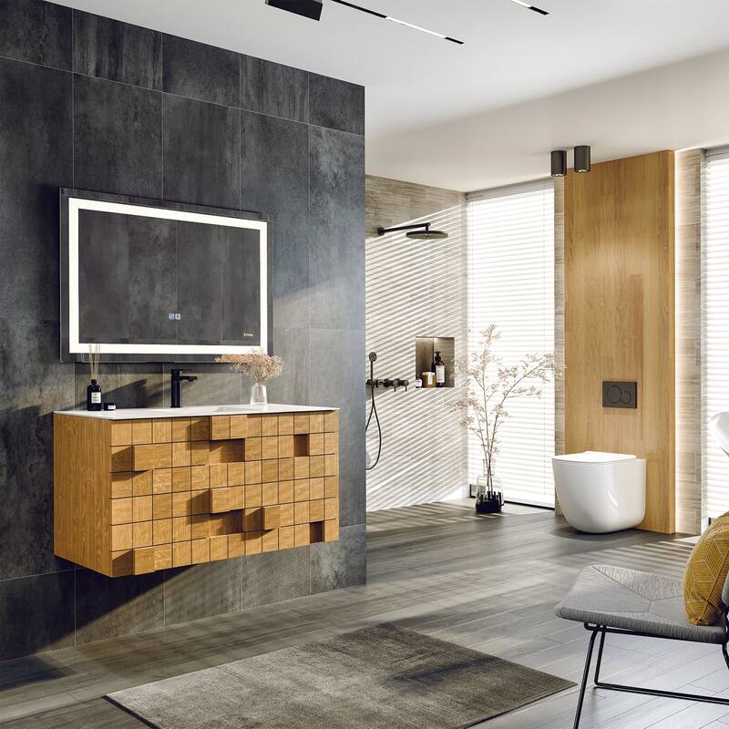 Mosaic 36"W Natural Oak Wall Mount Bath Vanity with Solid Surface Top