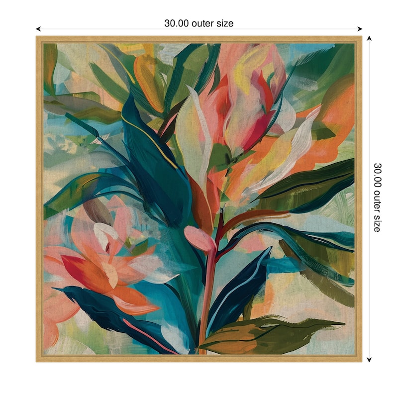 Kate and Laurel Sylvie Colorful Tropic Botanical Abstract Neutral Linen Framed Canvas by The Creative Bunch Studio