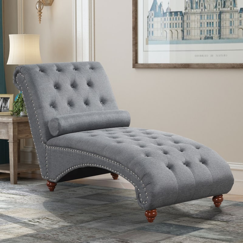 Modern Armless Velvet Chaise Lounge Indoor Chair with 1 Bolster Pillow - Grey