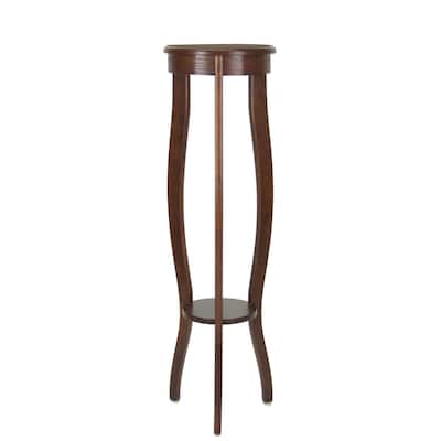 Round Pedestal Stand with Open Bottom Shelf and Flared Legs, Brown - 39.5 H x 11.5 W x 11.5 L Inches