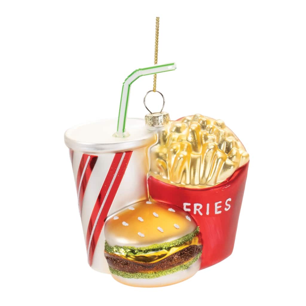 Glass Burger Fries Drink Ornaments Set of 4 for Christmas Tree - 4.5" x 3.5" x 2"